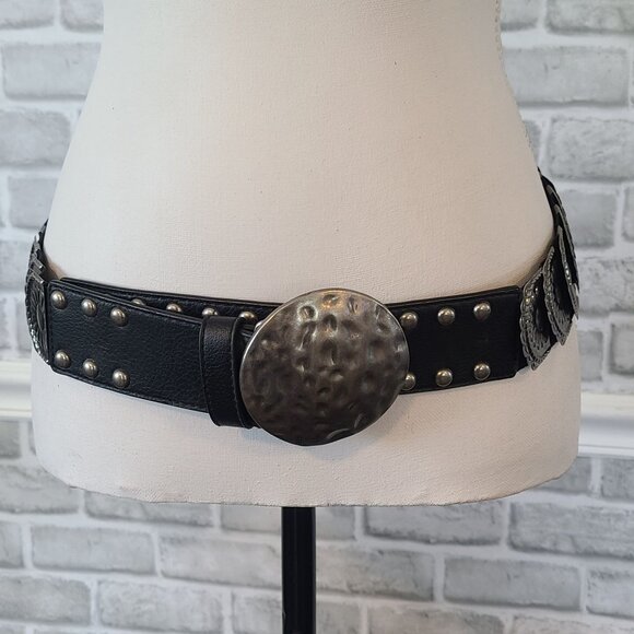 Vintage Hammered Metal Stretch Disc Belt Black Silver M/L Goth Rocker Viking - Picture 2 of 8